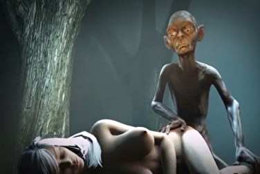Gollum from The Hobbit mocks the girl with his shrunken penis